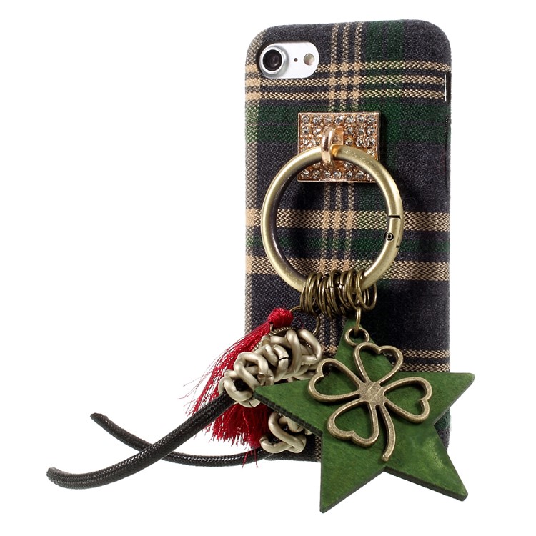 Grid Pattern Cloth Coated Hard Phone Case with Tassels Pendant Decoration for iPhone 7 4.7 inch - Green-2