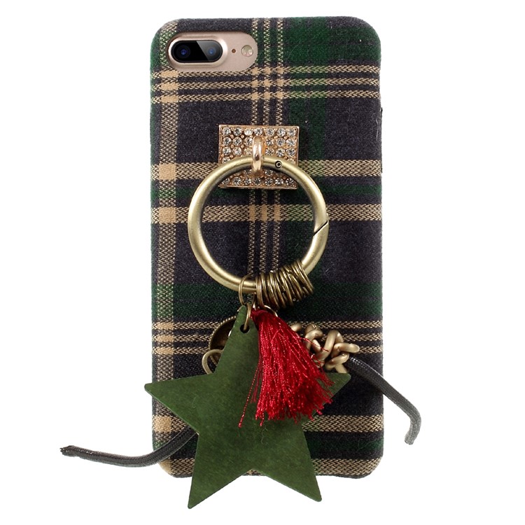 Grid Pattern Cloth Coated Hard Phone Case with Tassels Pendant Decoration for iPhone 7 Plus - Green-1