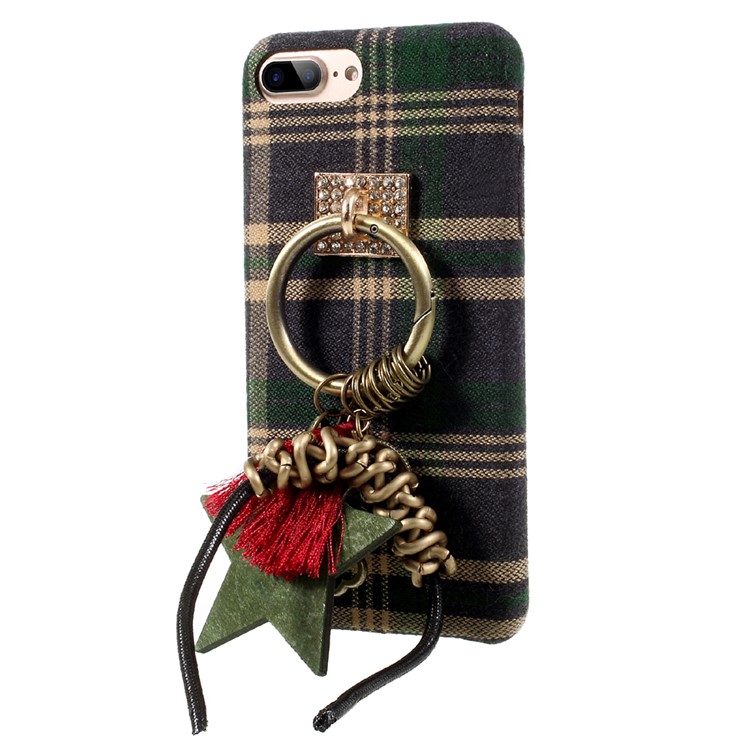 Grid Pattern Cloth Coated Hard Phone Case with Tassels Pendant Decoration for iPhone 7 Plus - Green-2