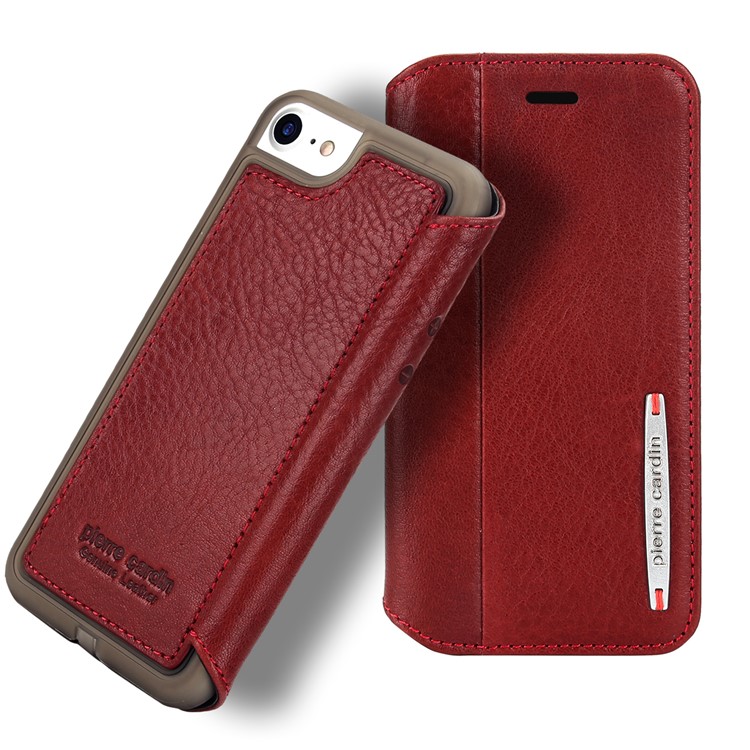 PIERRE CARDIN Litchi textura genuina de cuero tarjeta ranura móvil caso para el iPhone 8 / 7 4.7 inch - rojo-1