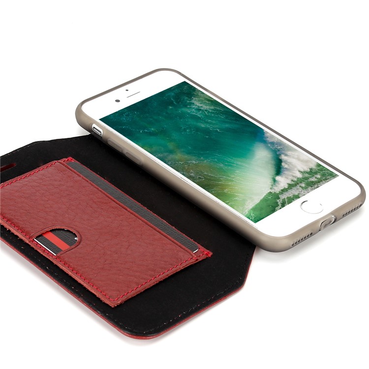 PIERRE CARDIN Litchi textura genuina de cuero tarjeta ranura móvil caso para el iPhone 8 / 7 4.7 inch - rojo-3