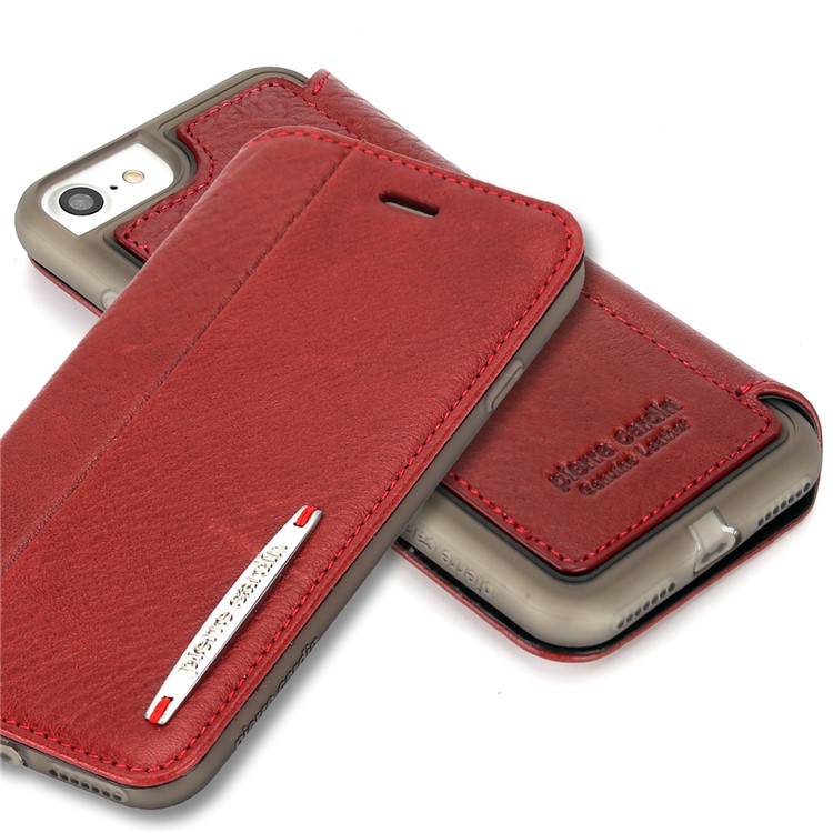 PIERRE CARDIN Litchi textura genuina de cuero tarjeta ranura móvil caso para el iPhone 8 / 7 4.7 inch - rojo-5