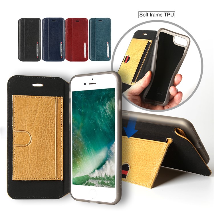 PIERRE CARDIN Litchi textura genuina de cuero tarjeta ranura móvil caso para el iPhone 8 / 7 4.7 inch - rojo-6
