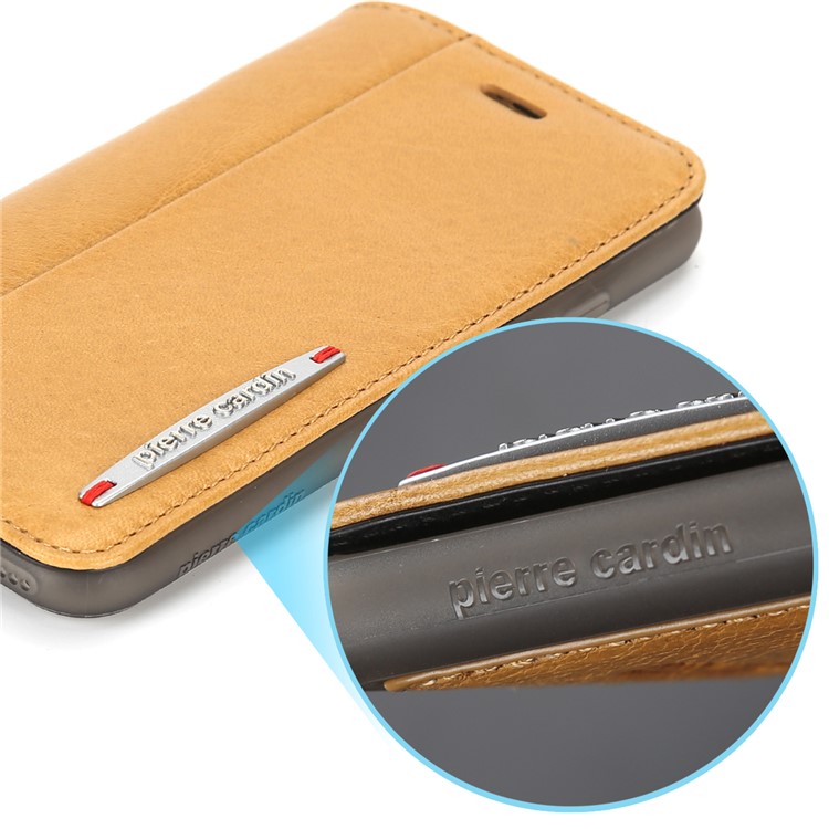 PIERRE CARDIN para iPhone 8 Plus / 7 Plus Litchi Grain Genuine Leather Stand Flip Case com titular do cartão - Castanho-10