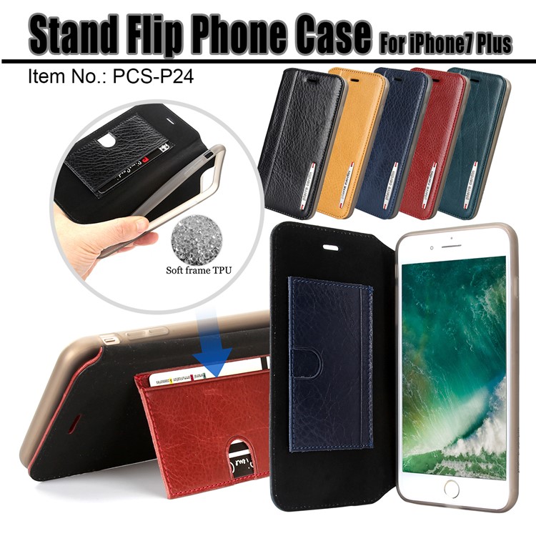 PIERRE CARDIN para iPhone 8 Plus / 7 Plus Litchi Grain Genuine Leather Stand Flip Case com titular do cartão - Castanho-11