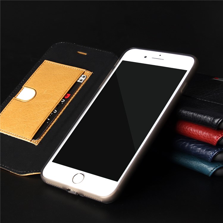 PIERRE CARDIN para iPhone 8 Plus / 7 Plus Litchi Grain Genuine Leather Stand Flip Case com titular do cartão - Castanho-12