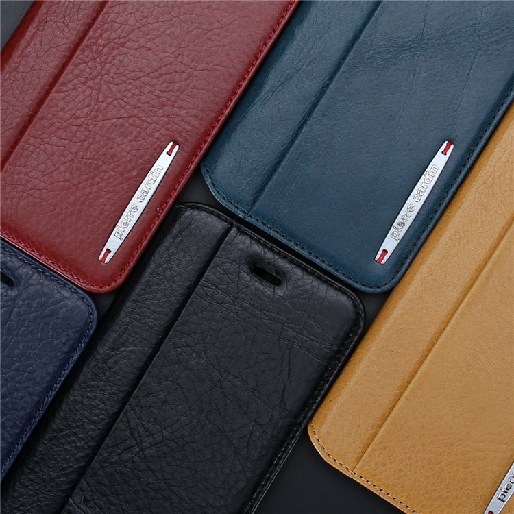 PIERRE CARDIN para iPhone 8 Plus / 7 Plus Litchi Grain Genuine Leather Stand Flip Case com titular do cartão - Castanho-15
