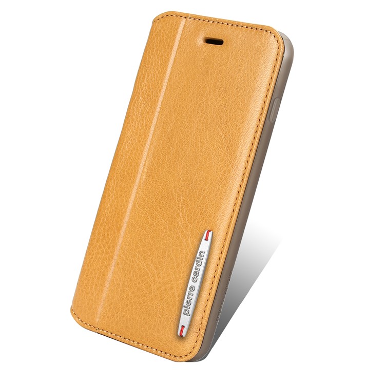 PIERRE CARDIN para iPhone 8 Plus / 7 Plus Litchi Grain Genuine Leather Stand Flip Case com titular do cartão - Castanho-2