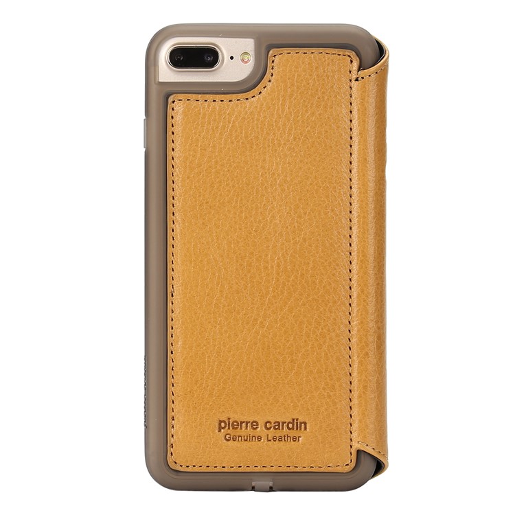 PIERRE CARDIN para iPhone 8 Plus / 7 Plus Litchi Grain Genuine Leather Stand Flip Case com titular do cartão - Castanho-3