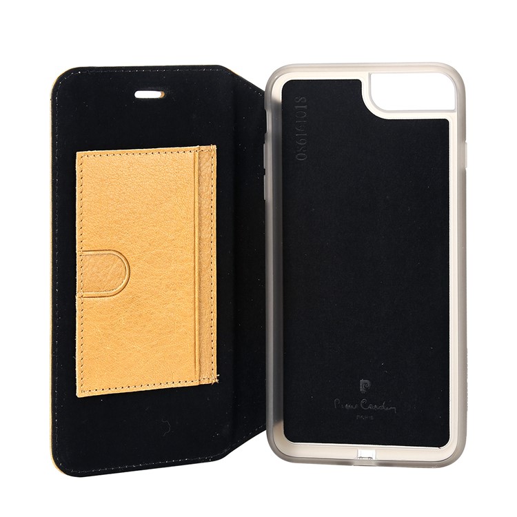PIERRE CARDIN para iPhone 8 Plus / 7 Plus Litchi Grain Genuine Leather Stand Flip Case com titular do cartão - Castanho-4