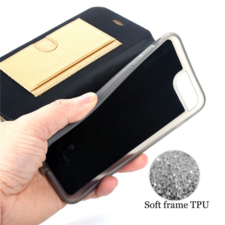 PIERRE CARDIN para iPhone 8 Plus / 7 Plus Litchi Grain Genuine Leather Stand Flip Case com titular do cartão - Castanho-6