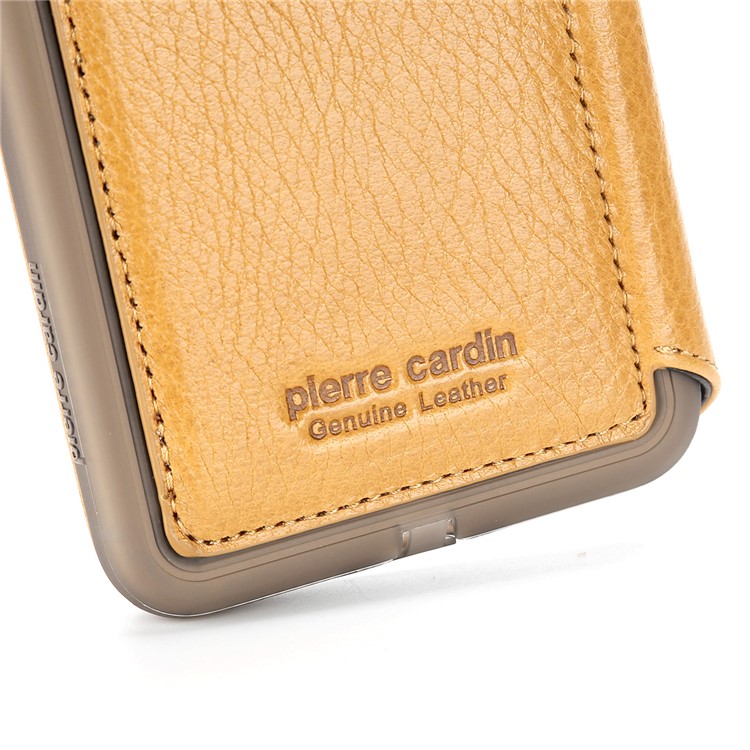 PIERRE CARDIN para iPhone 8 Plus / 7 Plus Litchi Grain Genuine Leather Stand Flip Case com titular do cartão - Castanho-8