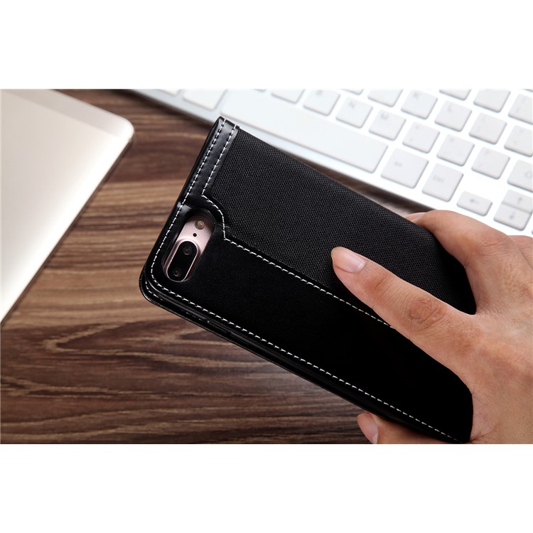CMAI2 Jeans Cloth Leather Wallet Cover with Hand Strap for iPhone 8 Plus / 7 Plus - Black-10