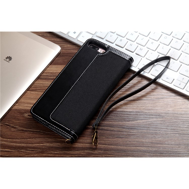 CMAI2 Jeans Cloth Leather Wallet Cover with Hand Strap for iPhone 8 Plus / 7 Plus - Black-2