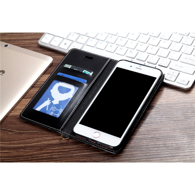 CMAI2 Jeans Cloth Leather Wallet Cover with Hand Strap for iPhone 8 Plus / 7 Plus - Black-3