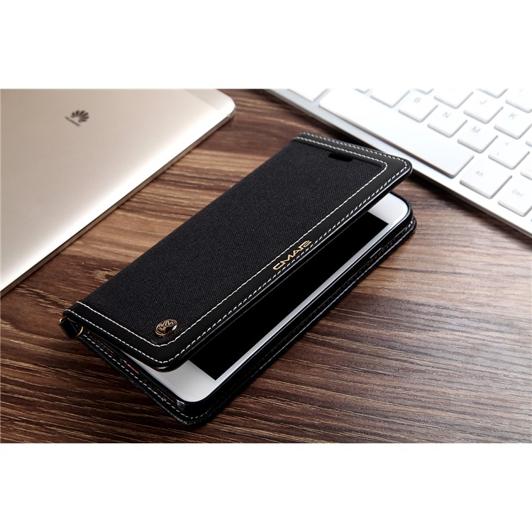 CMAI2 Jeans Cloth Leather Wallet Cover with Hand Strap for iPhone 8 Plus / 7 Plus - Black-6