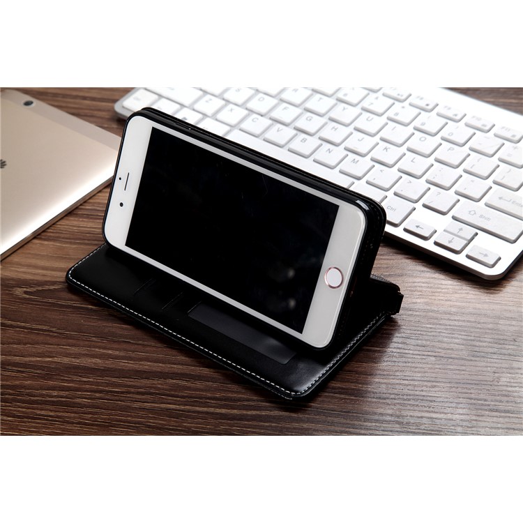 CMAI2 Jeans Cloth Leather Wallet Cover with Hand Strap for iPhone 8 Plus / 7 Plus - Black-7
