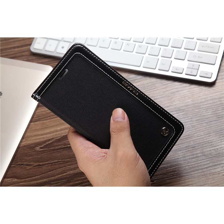 CMAI2 Jeans Cloth Leather Wallet Cover with Hand Strap for iPhone 8 Plus / 7 Plus - Black-9