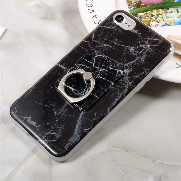 For iPhone 7 4.7 Marble Pattern IMD TPU Case with Mobile Ring Holder Kickstand - Black-1