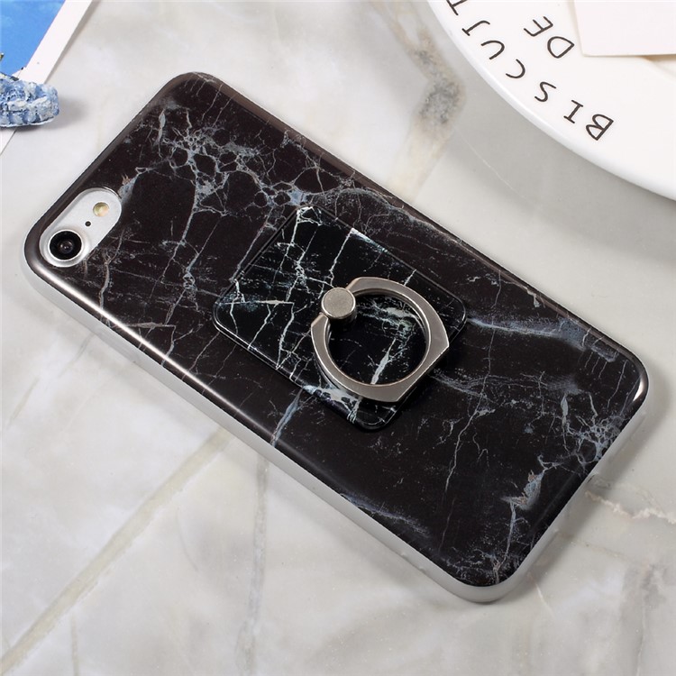 For iPhone 7 4.7 Marble Pattern IMD TPU Case with Mobile Ring Holder Kickstand - Black-3