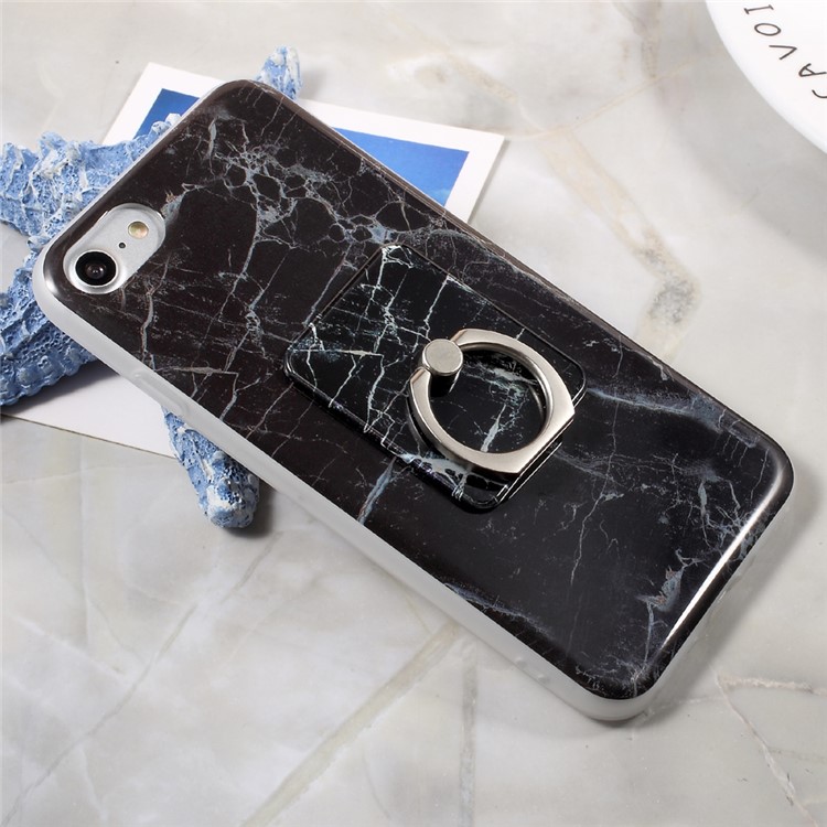 For iPhone 7 4.7 Marble Pattern IMD TPU Case with Mobile Ring Holder Kickstand - Black-6