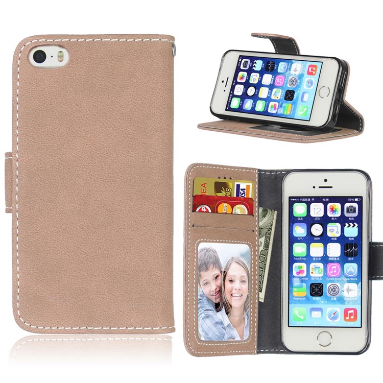 

Matte Retro Wallet Leather Flip Mobile Cover for iPhone SE 5s 5 - Khaki, iPhone SE