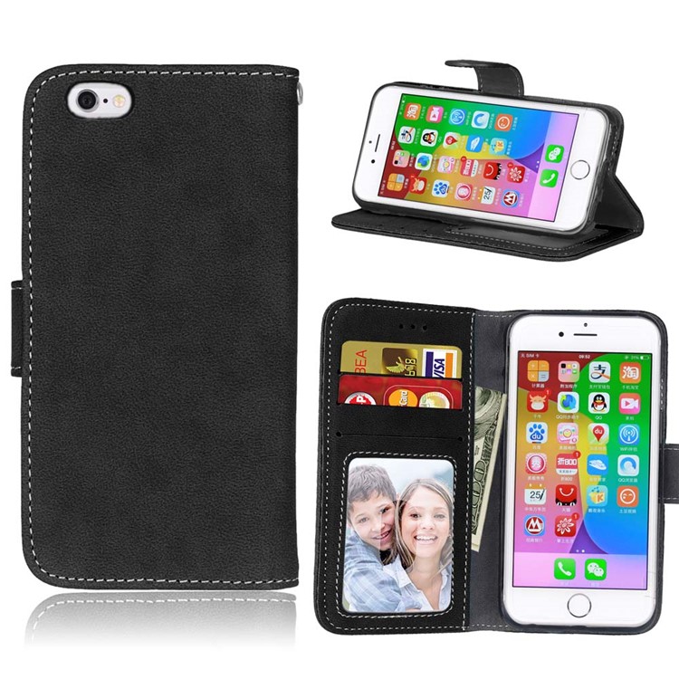 

For iPhone 6s 6 Vintage Style Matte Skin Wallet Leather Phone Case - Black