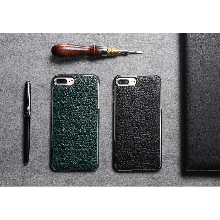 FIERRE SHANN Crocodile Grain Top-layer Cowhide Genuine Leather Coated PC Plated Case for iPhone 7 Plus - Black-6