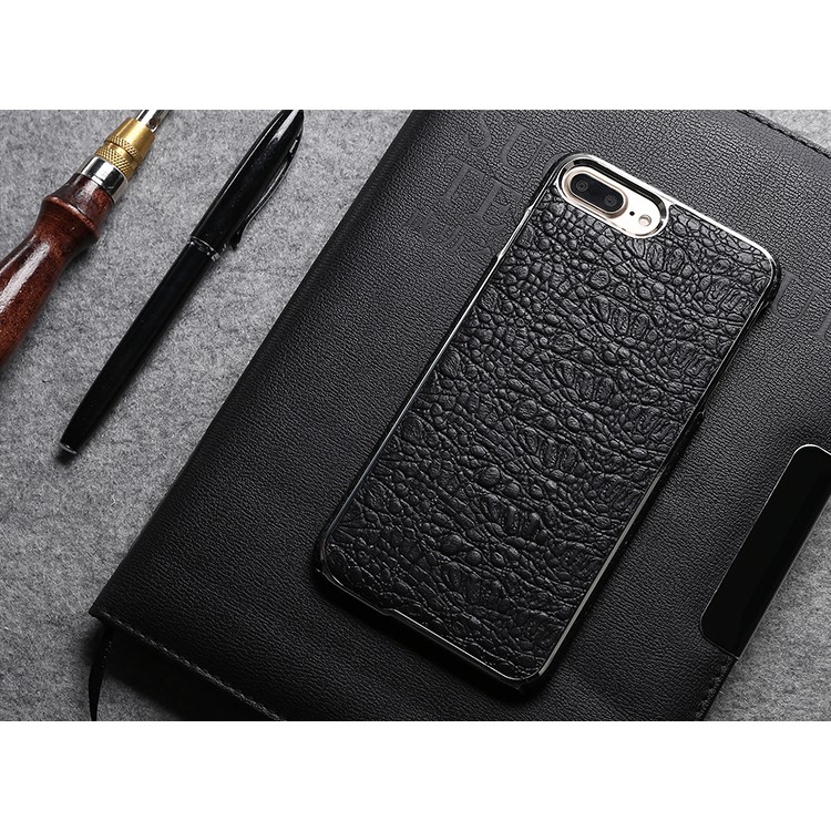 FIERRE SHANN Crocodile Grain Top-layer Cowhide Genuine Leather Coated PC Plated Case for iPhone 7 Plus - Black-9
