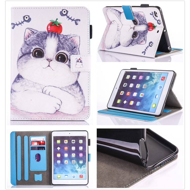 

For iPad Mini 4 3 2 1 Patterned PU Leather Smart Card Slots Stand Shell - Lovely Cat, iPad mini 4
