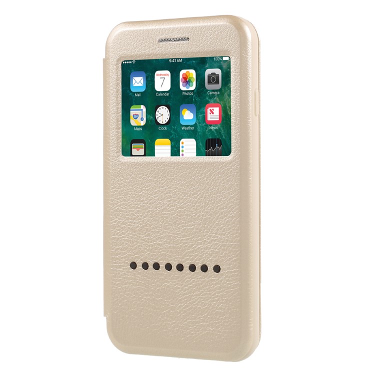 ZHUSE Pioneer Series View Window Leather Flip Phone Shell with Touch Slide Button for iPhone 7 4.7 inch - Gold-1