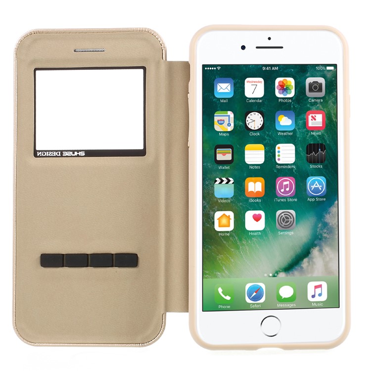 ZHUSE Pioneer Series View Window Leather Flip Phone Shell with Touch Slide Button for iPhone 7 4.7 inch - Gold-5