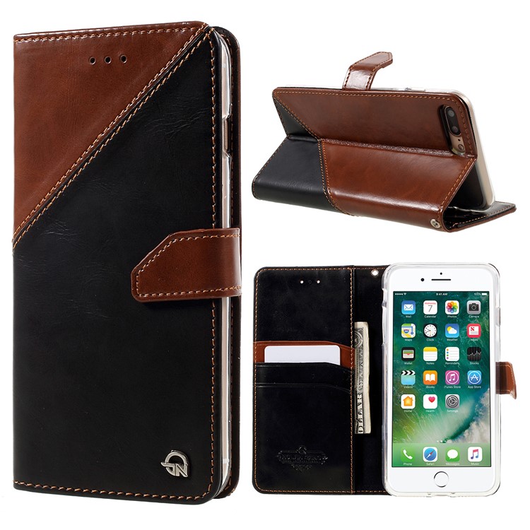 MOLAN CANO Splicing Contrast Color Leather Wallet Stand Phone Case for iPhone 7 Plus - Black / Brown-1
