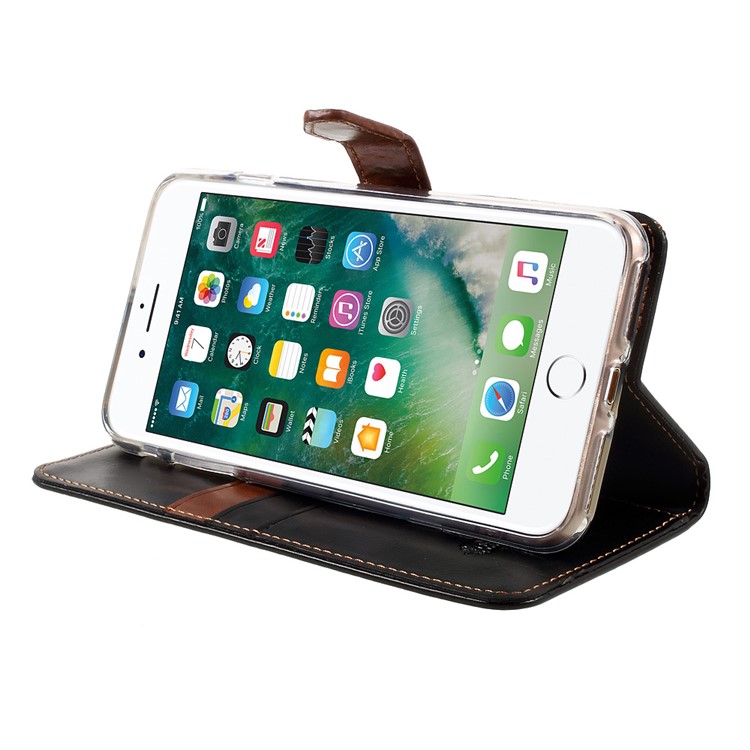 MOLAN CANO Splicing Contrast Color Leather Wallet Stand Phone Case for iPhone 7 Plus - Black / Brown-4