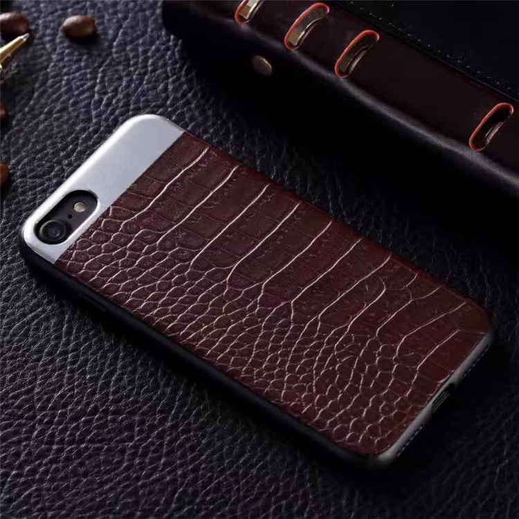 EDIVIA Crocodile Texture Metal Plate Splicing PC + TPU Combo Case for iPhone 7 4.7 inch - Coffee-1