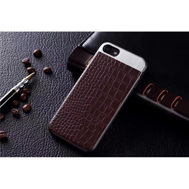 EDIVIA Crocodile Texture Metal Plate Splicing PC + TPU Combo Case for iPhone 7 4.7 inch - Coffee-2
