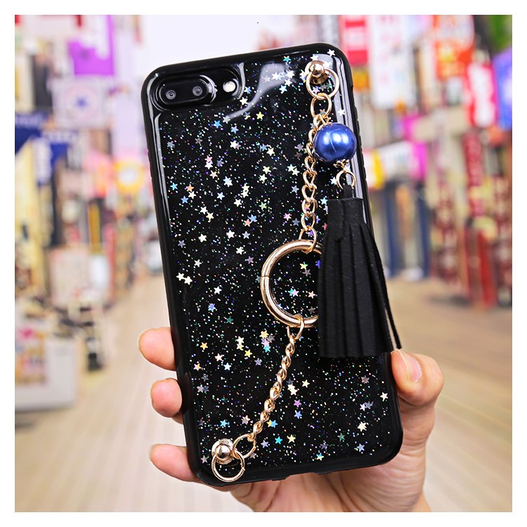 Flash Powder Soft TPU Tassel Phone Case with Metal Chain for iPhone 7 Plus - Black-1
