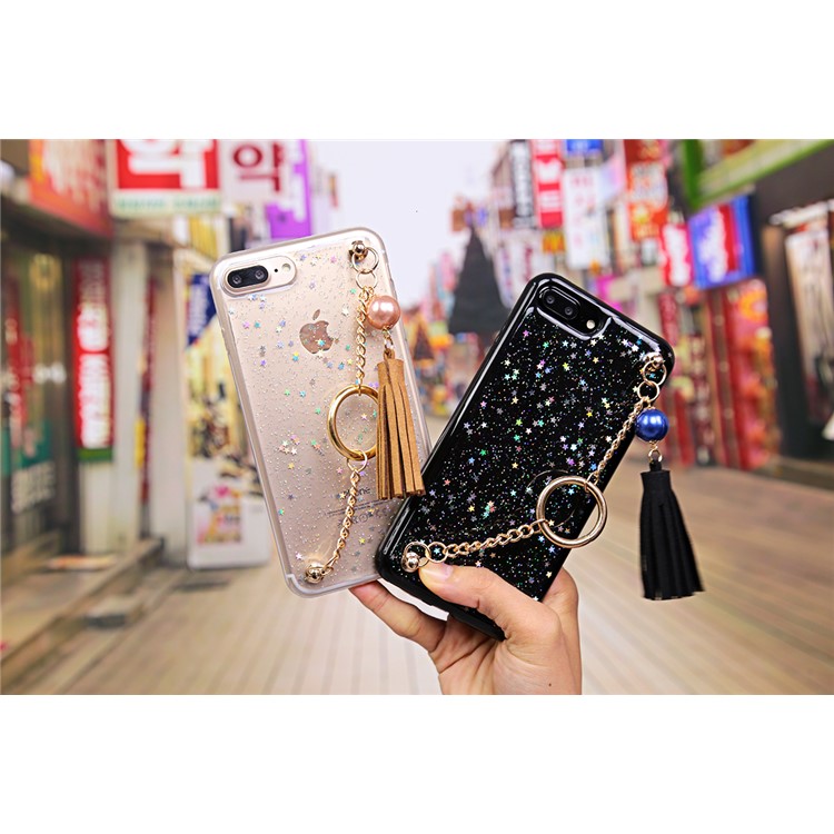 Flash Powder Soft TPU Tassel Phone Case with Metal Chain for iPhone 7 Plus - Black-2