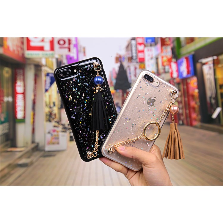Flash Powder Soft TPU Tassel Phone Case with Metal Chain for iPhone 7 Plus - Black-3