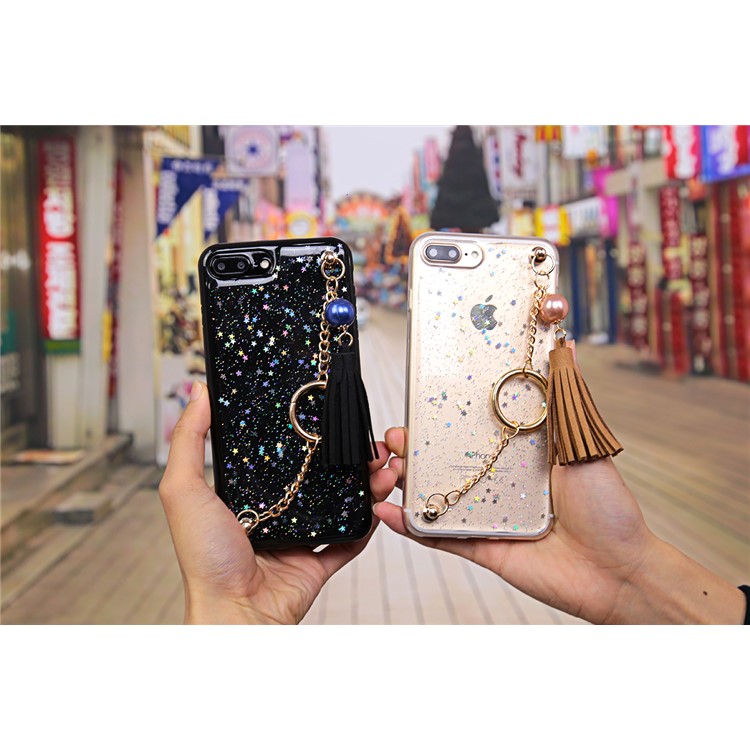 Flash Powder Soft TPU Tassel Phone Case with Metal Chain for iPhone 7 Plus - Black-4