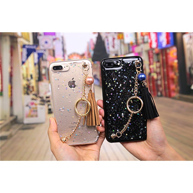 Flash Powder Soft TPU Tassel Phone Case with Metal Chain for iPhone 7 Plus - Black-5