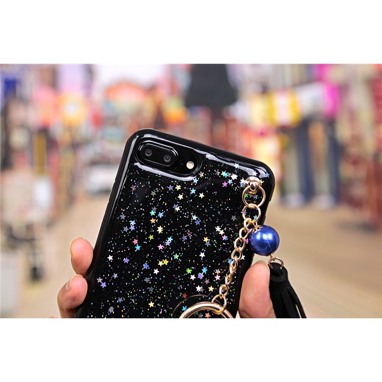 Flash Powder Soft TPU Tassel Phone Case with Metal Chain for iPhone 7 Plus - Black-6
