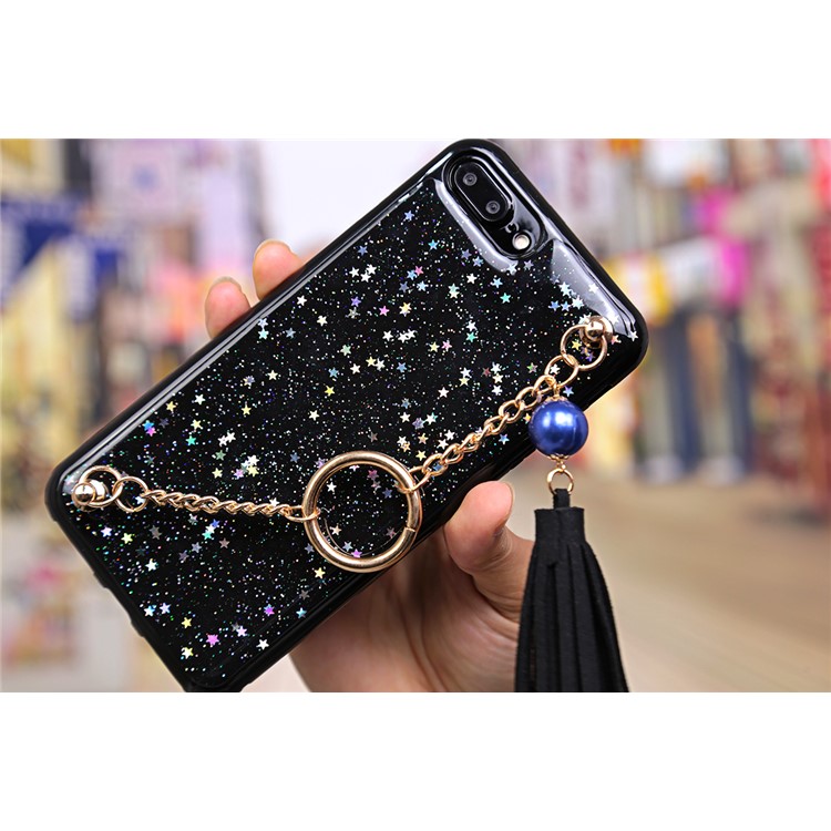 Flash Powder Soft TPU Tassel Phone Case with Metal Chain for iPhone 7 Plus - Black-8