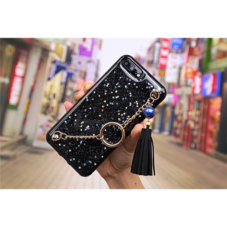 Flash Powder Soft TPU Tassel Phone Case with Metal Chain for iPhone 7 Plus - Black-9