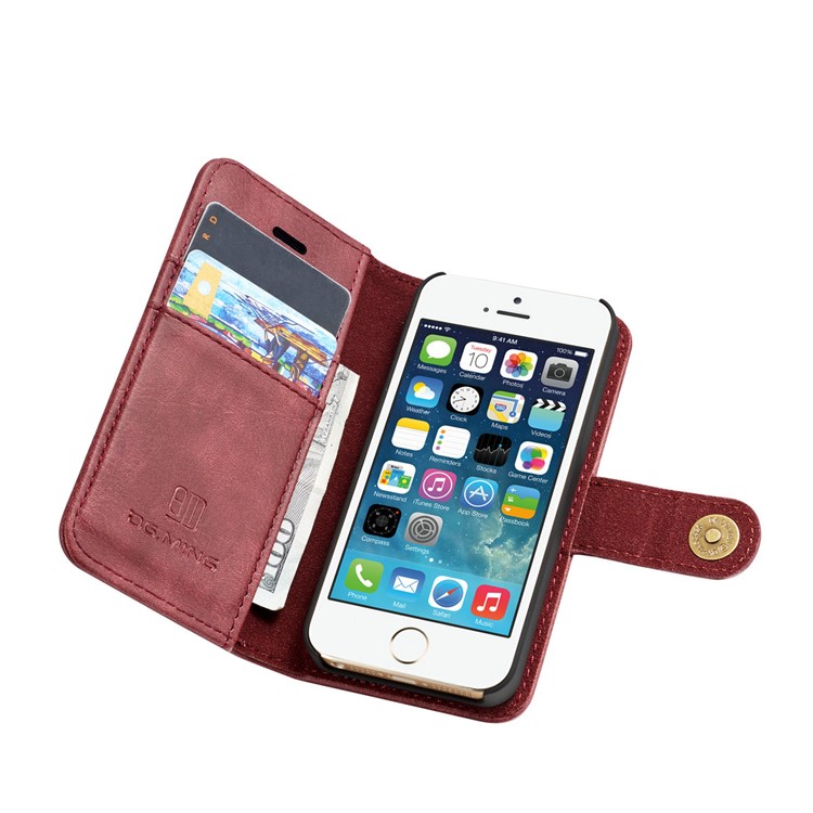 DG.MING 2 in 1 Split Leather Wallet + Detachable PC Phone copertura for iPhone SE / 5s / 5 - Red -11