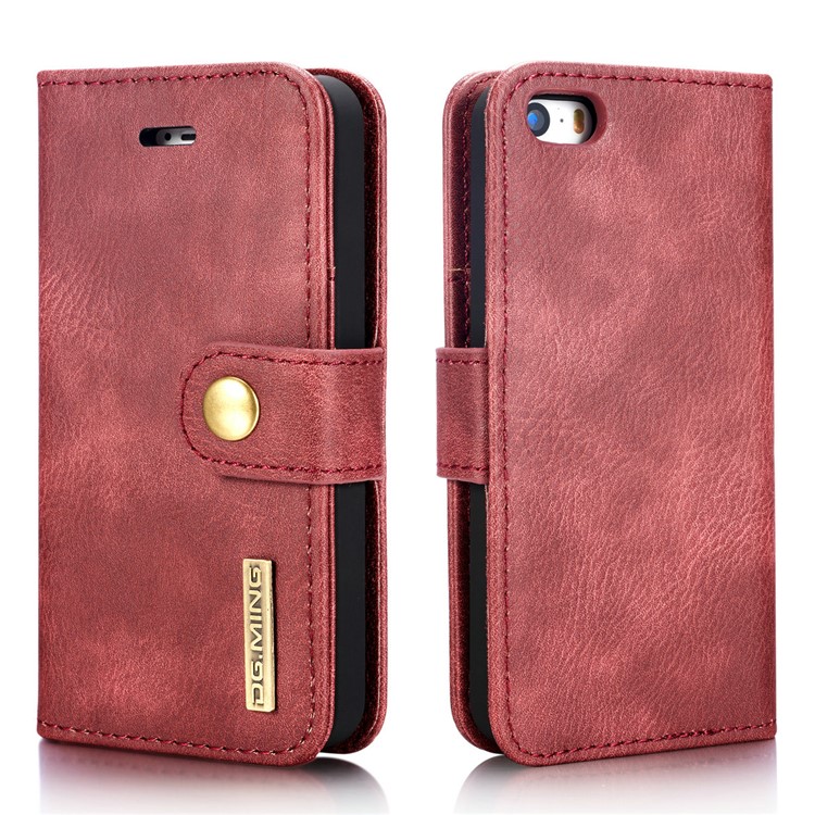 DG.MING 2 in 1 Split Leather Wallet + Detachable PC Phone copertura for iPhone SE / 5s / 5 - Red -3