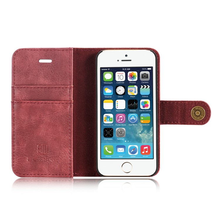 DG.MING 2 in 1 Split Leather Wallet + Detachable PC Phone copertura for iPhone SE / 5s / 5 - Red -8