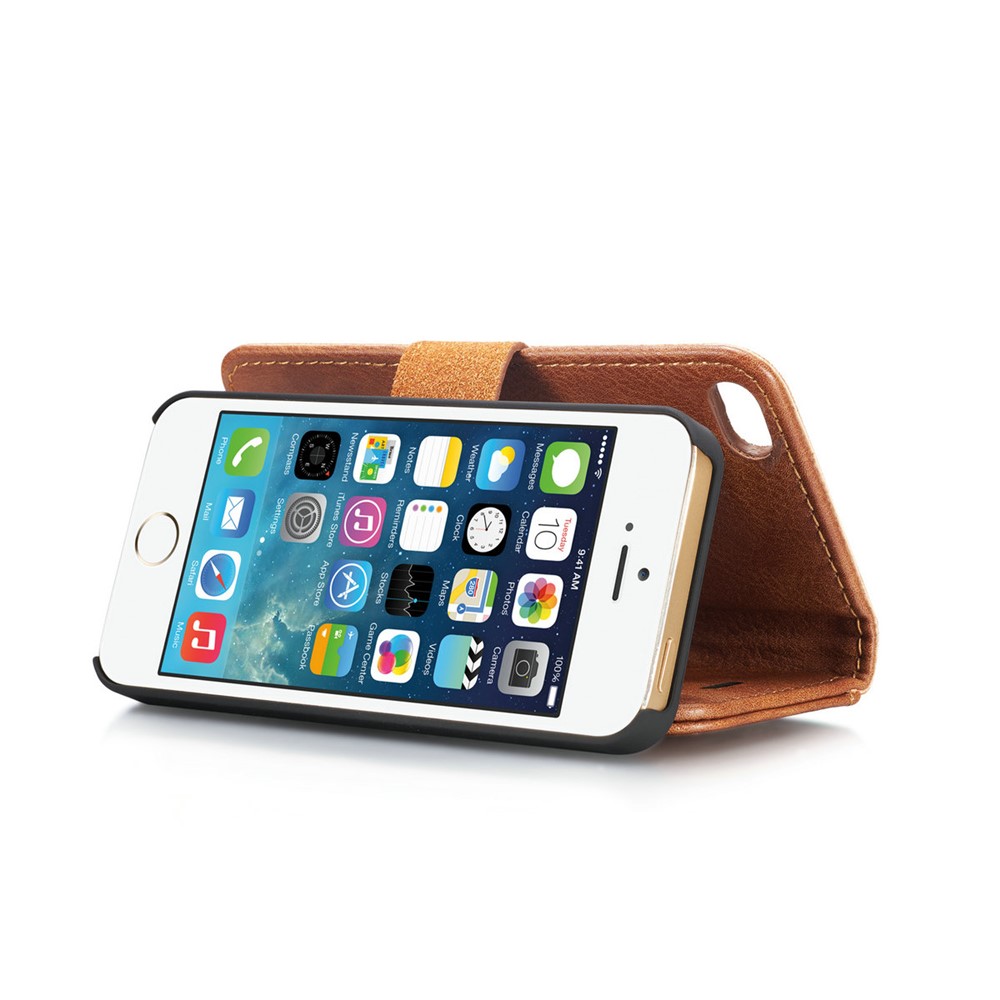 DG.MING Detachable 2 in 1 Split Leather Wallet Cell Phone Case for iPhone SE / 5s / 5 - Brown-14
