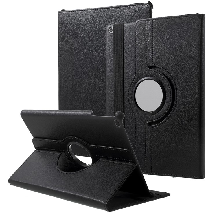 Tableau Rotatif À 360 Degrés Litchi Grain Cuir Case Avec Brand Hollow + Bande De Fixation Élastique Pour IPad 9.7 (2018) / 9.7 (2017) / Air 2 / Air - Noir