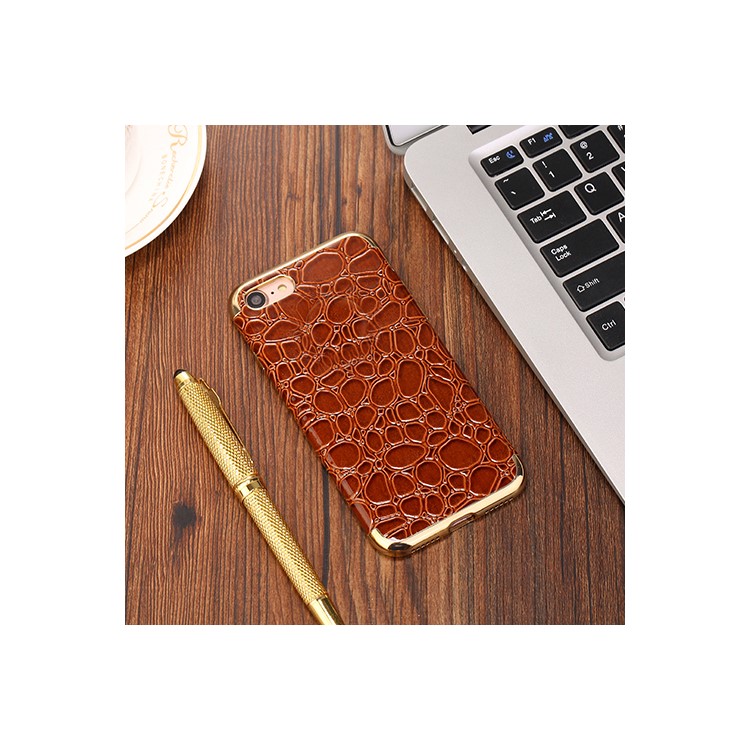 SULADA Crocodile Texture Leather Coated TPU Electroplated Cell Phone Case for iPhone 7 4.7 inch - Brown-1